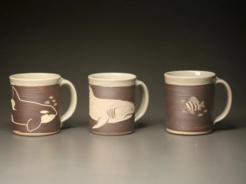 Hiroka ocean and shark carved mugs