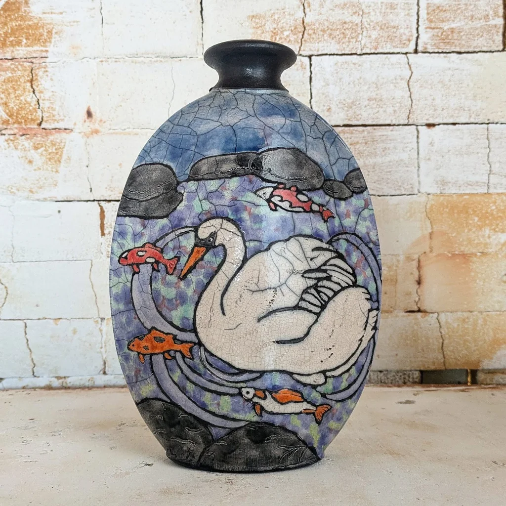 Swan motif raku vase