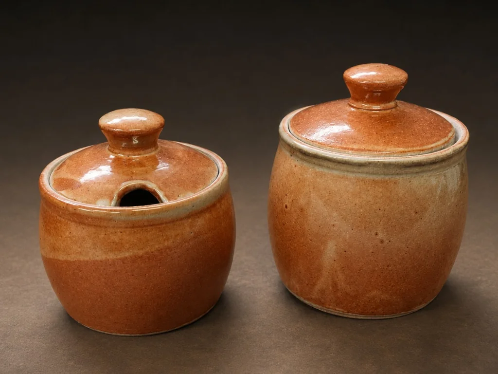 Two beige ceramic jars
