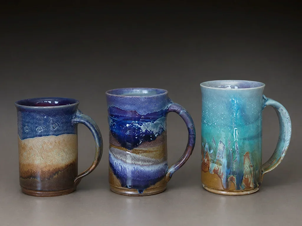 Three blue and aqua glazed mugs
