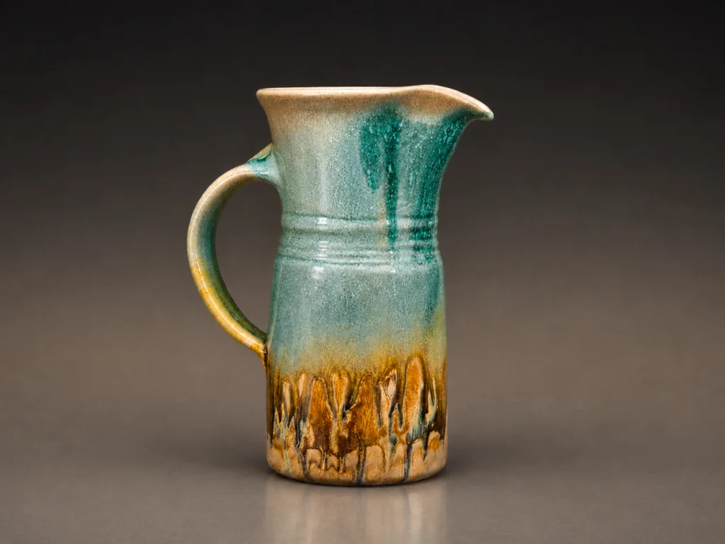 Aqua, copper, and beige pitcher