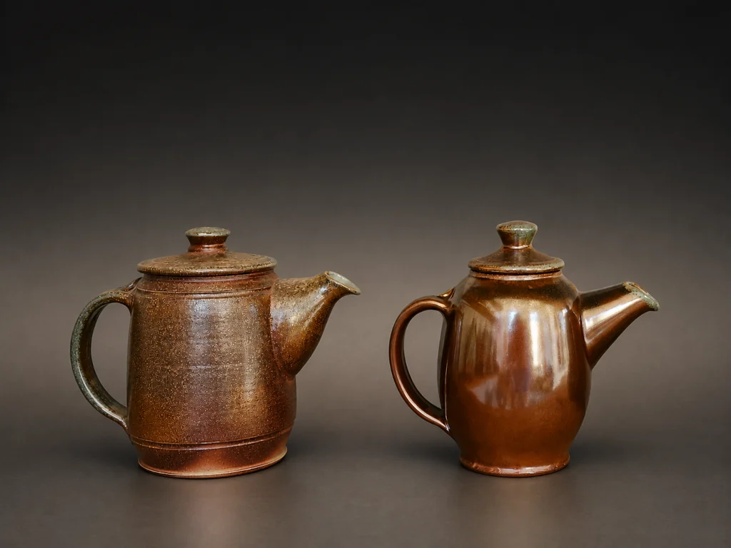 Two copper-toned teapots